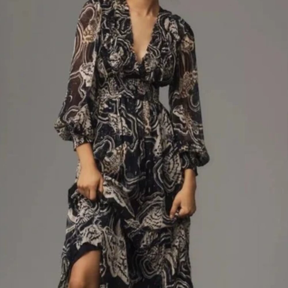 Anthropologie X Printer Johnson Long-Sleeve V-Neck Textured Midi Dress - XS